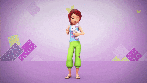 a cartoon girl holding a stuffed rabbit in front of a lego background