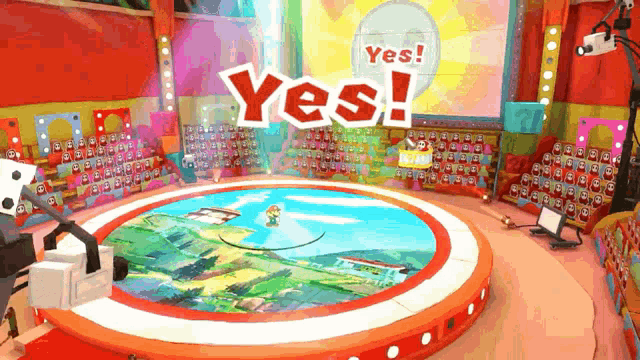 a cartoon scene with a yes sign in the middle