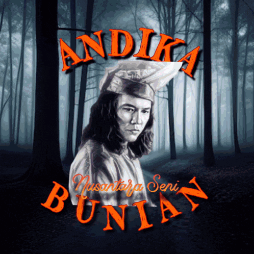 a picture of a man in a forest with the words andika bunia written in orange