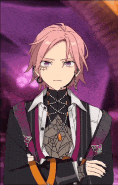 a boy with pink hair and purple eyes is wearing a black jacket