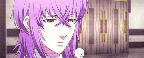 a close up of a person 's face with purple hair and yellow eyes .
