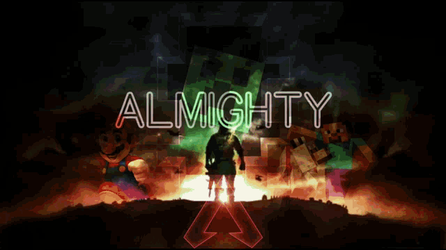 a poster for almighty shows a man standing in front of a creeper and mario