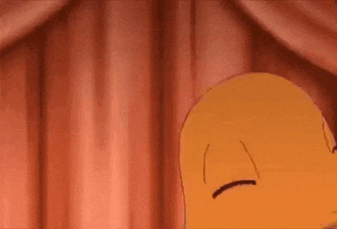 a close up of a cartoon character with a red curtain behind it