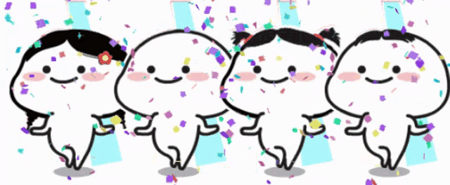 a group of cartoon characters are standing in a row with confetti around them