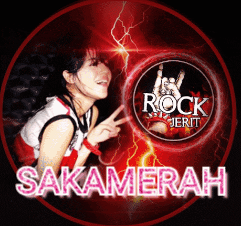 a girl is standing in front of a sign that says rock jerit sakamerah