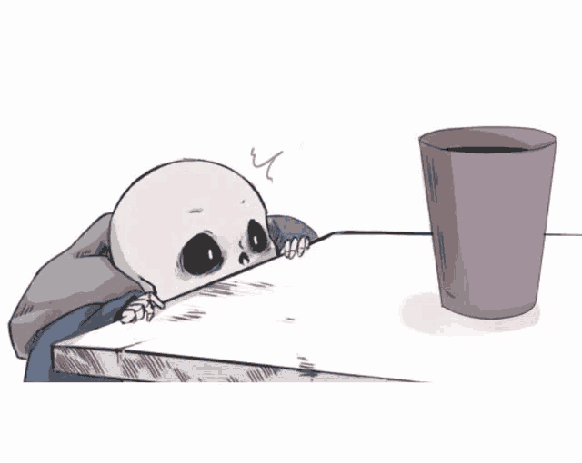 a drawing of a skeleton holding a cup of coffee