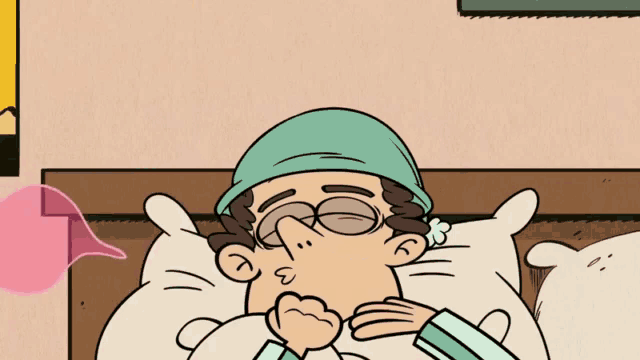 a cartoon character is laying in a bed with a pink bubble coming out of his mouth