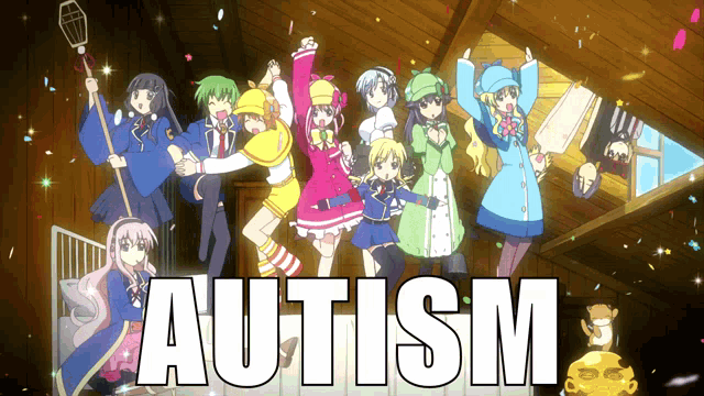 a group of anime characters are standing in a room with the word autism above them