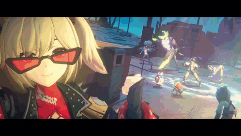 a girl wearing red sunglasses and a red shirt that says ' samurai ' on it