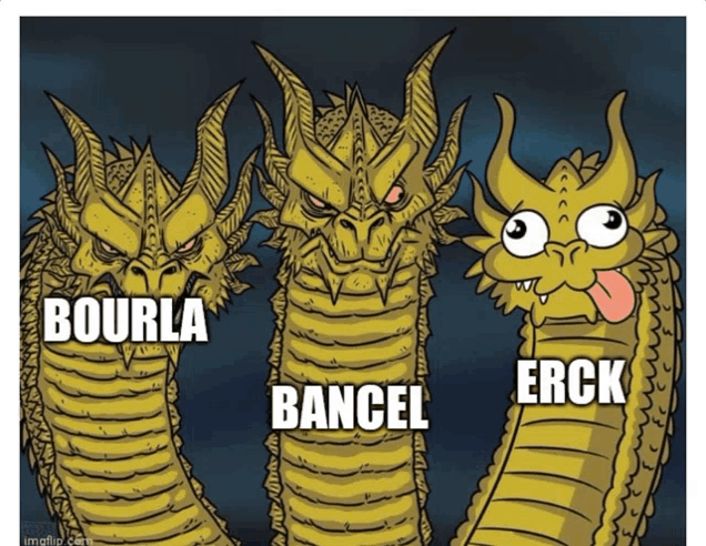 a cartoon of three dragons with the words bourla bancel and erck