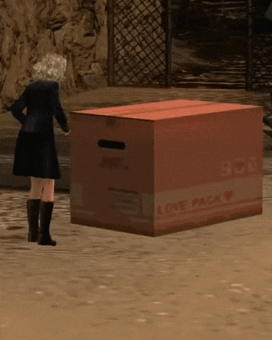 a woman standing next to a large box that says love pack