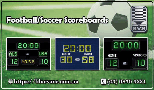 an advertisement for soccer scoreboards with a soccer ball