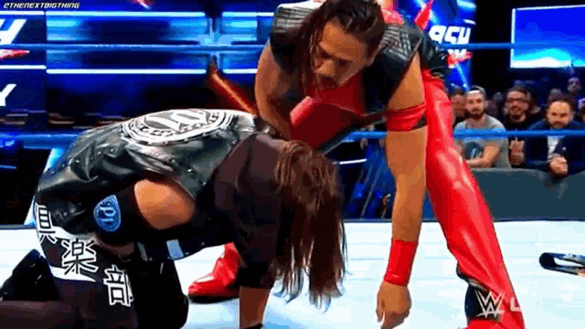 a wrestler is kneeling down next to another wrestler in a wrestling ring during a match .