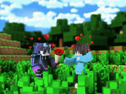 a couple of minecraft characters are standing in a field holding roses