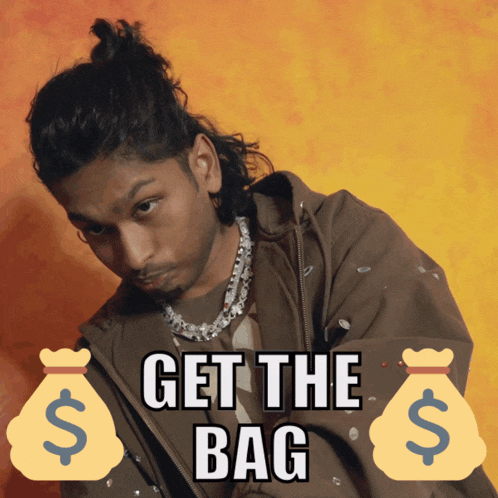a man with a ponytail is surrounded by money bags with the words get the bag