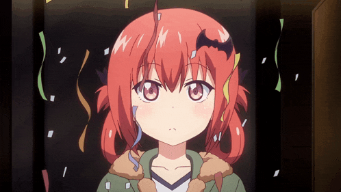 a girl with red hair and a bat on her head is surrounded by confetti