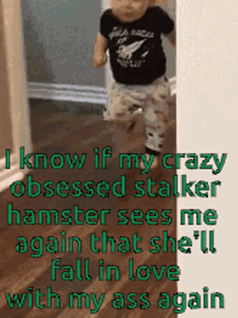 a baby is standing in a hallway with a caption that says i know if my crazy obsessed stalker hamster sees me