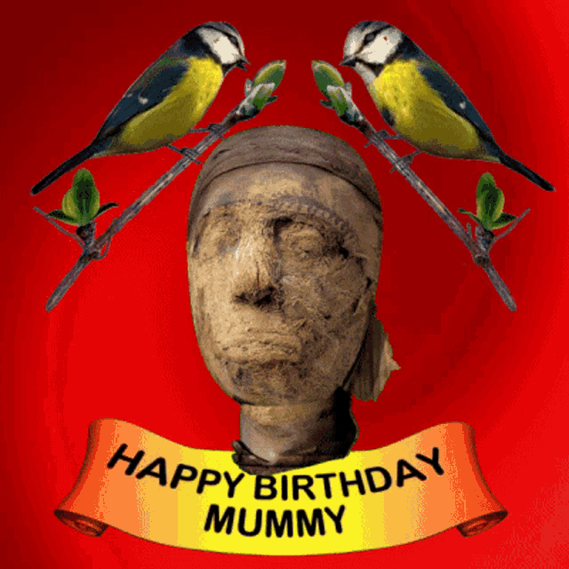 a birthday card for a mummy with two birds and a yellow banner that says happy birthday mummy