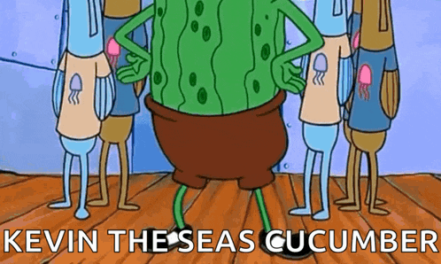 kevin the seas cucumber from spongebob squarepants is standing in front of a group of people