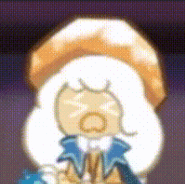 a pixel art of a cartoon character with white hair and a hat on .