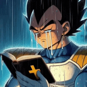 a cartoon character is crying while reading a book in the rain .
