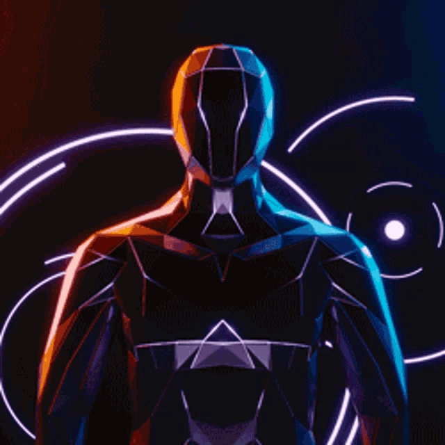the back of a robot with glowing lines around it