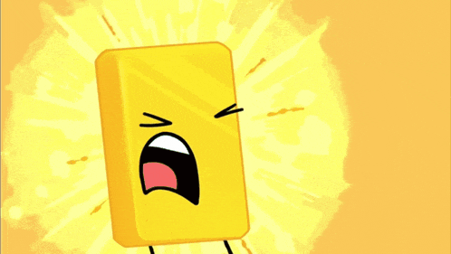 a yellow block with an angry face is standing in a grassy field