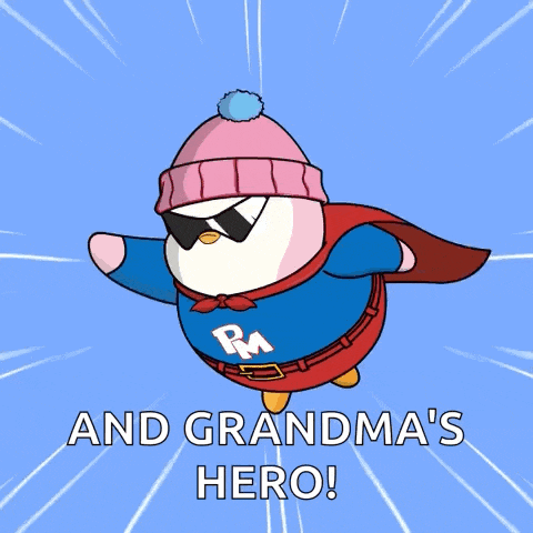 a cartoon of a penguin wearing a cape and sunglasses with the words " and grandma 's hero " below it