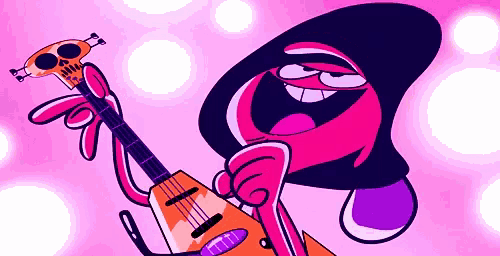 a cartoon character is holding a guitar with a skull headstock
