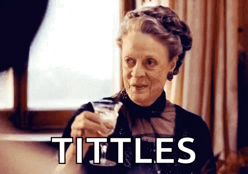 an elderly woman is holding a martini glass in her hand and says tittles .