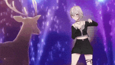 a girl in a black dress is dancing in front of a deer .