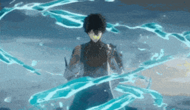 a man is standing in the middle of a body of water surrounded by water waves .