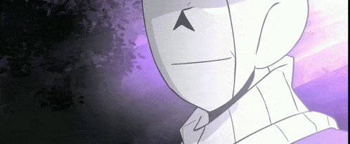 a close up of a cartoon character 's face with a purple background and trees in the background .
