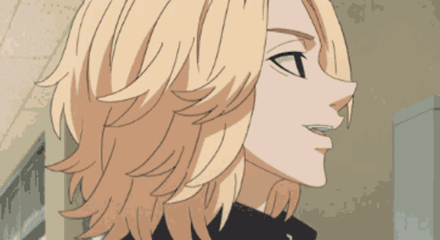 a close up of a blonde haired anime character