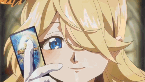 a blonde anime girl is holding a card that says duel masters on it