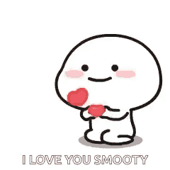 a cartoon character is holding a red heart in his hands and saying `` i love you smooty '' .