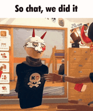 a cartoon character wearing a skull and crossbones t-shirt shakes hands with another person