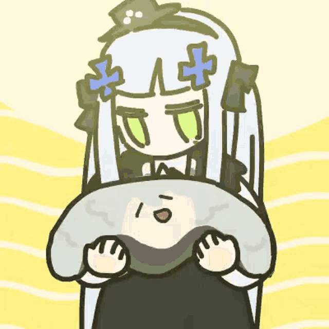 a cartoon drawing of a girl with a hat holding a pillow .