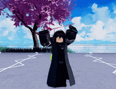 a person in a black coat with the letter m on the belt