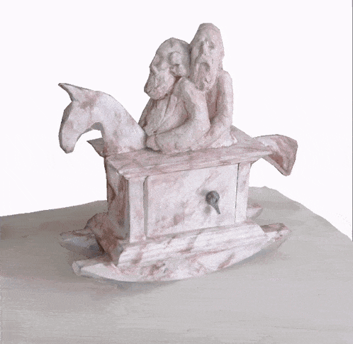 a rocking horse with two bearded men sitting on it