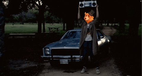 a man with a dog head is holding a boombox over his head in front of a car
