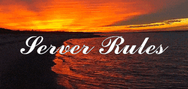 a sunset over a body of water with the words server rules written below it