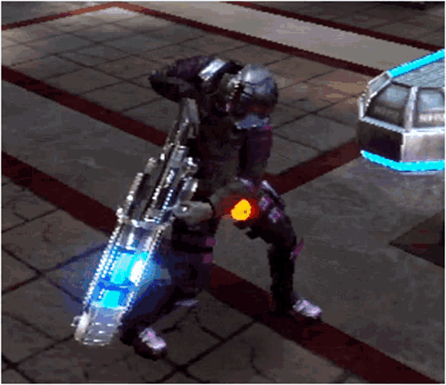 a person in a video game is holding a large weapon