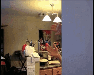 a person standing in front of a kitchen counter with a bottle of coca cola on it
