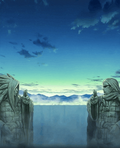 two statues are standing next to each other in front of a lake