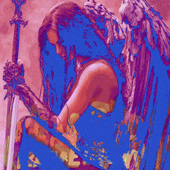 a woman with wings is holding a sword in a painting