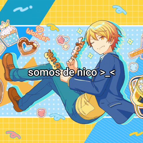 a poster with a boy holding a skewer and the words somos de nico below him