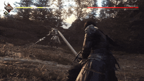 a video game screen shows a knight holding a sword in front of a monster with the word imperial on the bottom