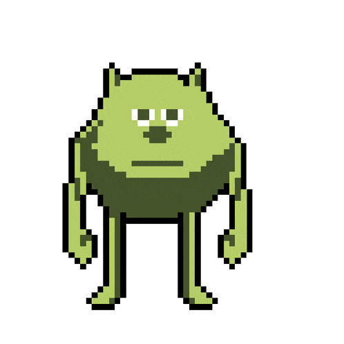 a pixel art drawing of a green monster with a sad look on his face