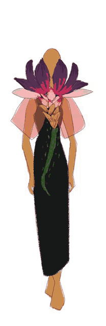 a drawing of a woman in a black dress with a purple flower on her head